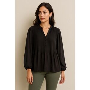 Cortefiel Black Pleated‎ Chiffon Blouse XL Sheer Sleeve Flowy Tunic Top